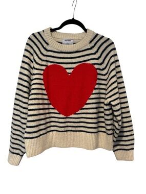 Old Navy Cream Striped Crewneck Sweater with Red Heart Motif
